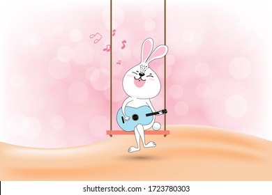Cute bunny rabbit butterfly sitting on a swing playing guitar .sweet of bokeh background .Vector illustration. Eps 10.