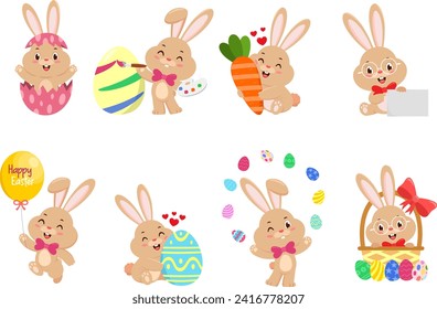 Cute Bunny Rabbit Cartoon Character. Vector Flat Design Collection Set Isolated On Transparent Background