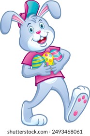 Cute bunny rabbit cartoon character carrying three colored Easter eggs wearing a baseball cap and t-shirt.