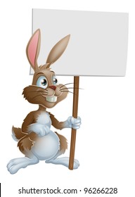 Cute bunny rabbit cartoon character holding up a sign post illustration
