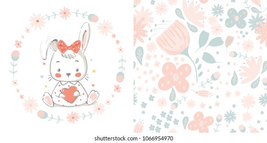 Cute Bunny. Rabbit cartoon hand drawn vector illustration. Can be used for baby t-shirt print, fashion print design, kids wear, baby shower celebration greeting and invitation card.