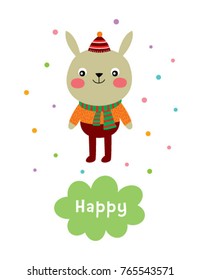 cute bunny rabbit cartoon happy card vector