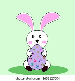 Cute bunny rabbit cartoon hug purple egg on green background for easter day. Vector illustration cute animal style.