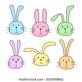 Cute Bunny Rabbit Character Vector Set. Funny bunny rabbit faces design collection.