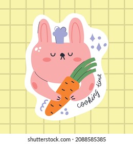 Cute bunny or rabbit chef sticker with carrot and text cooking time. Modern design for print, sticker for use in packaging.