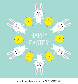 Cute bunny rabbit and chicken frame. Happy Easter. Flat design. Pastel color background. Vector illustration