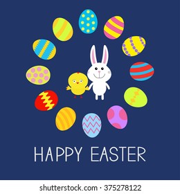 Cute bunny rabbit and chicken Round egg frame. Happy Easter.   Flat design. Vector illustration