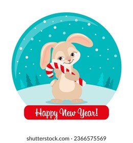 Cute bunny rabbit in a Christmas glass ball and congratulatory text. New Year's gift, present, postcard, vector