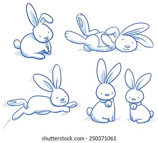 Cute bunny, rabbit collection, in different poses, for example for baby shower or easter card. Hand drawn vector illustration.