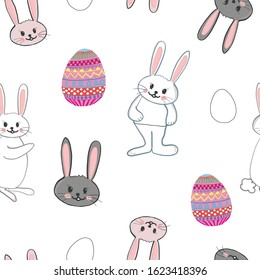 Cute bunny or rabbit and colorful easter eggs pattern. Happy easter greeting card, advertisement, fabric design seamless pattern vector illustration