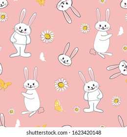 Cute bunny, rabbit and daisy and butterfly easter pattern. Happy easter greeting card, advertisement, fabric design seamless pattern vector illustration