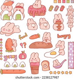 Cute bunny rabbit and dessert hand drawn illustration set collection transparent journal sticker 1