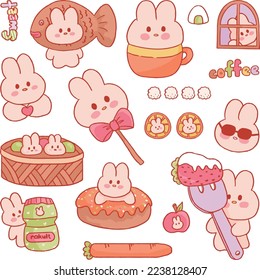 Cute bunny rabbit and dessert hand drawn illustration set collection transparent journal sticker 2