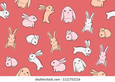 Cute bunny rabbit doodle hand drawing seamless pattern vector illustration