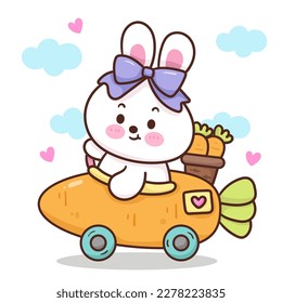 Cute bunny rabbit drives a carrot car delivery vegetable. Series: Kawaii vector animal driving Happy Easter egg hunting (Character cartoon). Spring activities holiday. Perfect make a wish for baby