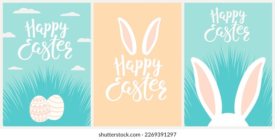 Conejo lindo, orejas de conejo, huevos pintados, hierba de primavera, letras de comillas. Tarjetas Happy Easter, colección de afiches. Ilustración vectorial. Diseño de estilo plano. Concepto de impresión de vacaciones, banner, invitación a cacería de huevos