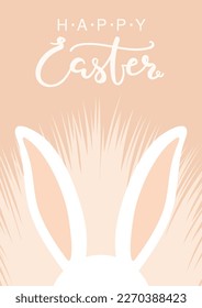 Hermoso lindo, orejas de conejo saliendo de la hierba de primavera, con letras de Happy Easter (Pascua feliz). Ilustración vectorial. Diseño de estilo plano. Concepto de tarjeta de vacaciones, cartel, cartel, elemento de decoración, promoción de temporada