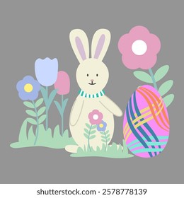 Cute Bunny rabbit with easter egg and flower background. Vector illustration.