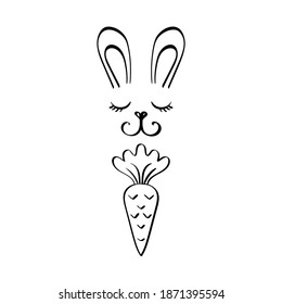 Cute bunny rabbit face with carrot isolated on white background vector illustration. Cute cartoon character.