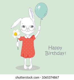 Cute bunny or rabbit girl with balloon and flower. Card template design. Vector illustration.