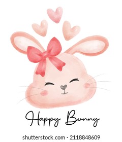 cute bunny rabbit girl smile face with hearts cartoon watercolour vector, Happy Bunny