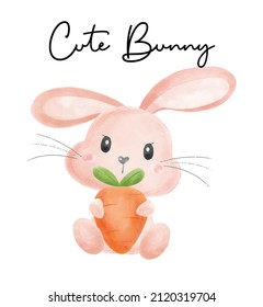 cute bunny rabbit girl smile hug carrot nursery baby cartoon watercolour vector, Cute bunny