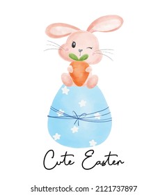 cute bunny rabbit girl smile hug carrot and sit on Easter Egg nursery baby cartoon watercolour vector, Cute Easter