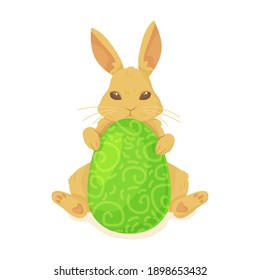 Cute bunny or rabbit with green ornament easter egg. Easter hunt, spring holiday greeting concept. Stock vector illustration isolated on white background in flat cartoon style.