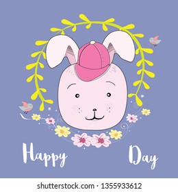Cute Bunny Rabbit Hand writing vector illustration for greeting and invitation card. Easter celebration Concept