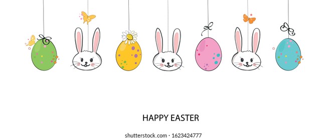 Cute bunny or rabbit hanging easter eggs. Happy easter greeting card, advertisement, fabric design element vector illustration