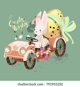 Cute bunny, rabbit, hare driving the vintage car with decorated Easter egg. Easter Wishes lettering 