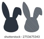 Cute bunny rabbit head icon, solid silhouette and textured line drawing.