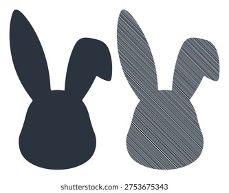 Cute bunny rabbit head icon, solid silhouette and textured line drawing.