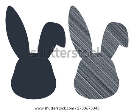 Cute bunny rabbit head icon, solid silhouette and textured line drawing.