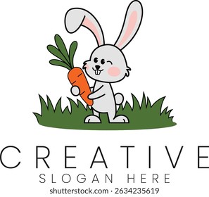 Cute bunny rabbit holding a carrot in green grass. Perfect for Easter cards or springtime designs.