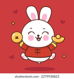 Cute bunny rabbit holding coin and gold Chinese zodiac animals. Series: Welcome lunar year (Happy new year). Greeting card isolated on red Background. Perfect make a wish for baby t shirt,celebration.