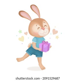 Cute Bunny Rabbit holding Gift Box. Valentine’s day Greeting card