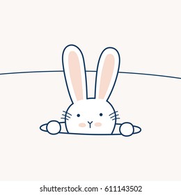 Cute bunny rabbit in hole. Vector drawing.