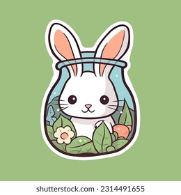 Cute bunny rabbit in the jar. Flat cartoon illustration of a funny little white rabbit with green sticker isolated on background. Design of a logo, sticker, print for clothes or poster