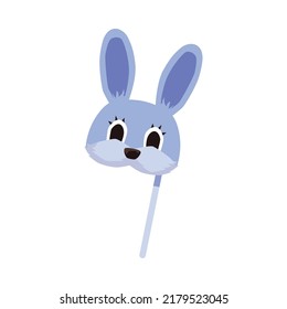 Cute bunny or rabbit kids mask on stick, flat vector illustration isolated on white background. Cartoon masquerade or carnival party accessory. Animal mask for children.