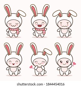 cute bunny rabbit mascot with various kinds of expressions set collection