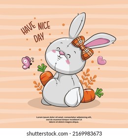 Cute Bunny Rabbit With Orange Carrot, Cartoon Illustration