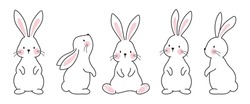 Cute Bunny Rabbit Outline Sketch Vector Illustration. Minimal Bunny Line Art Doodle In Different Poses.