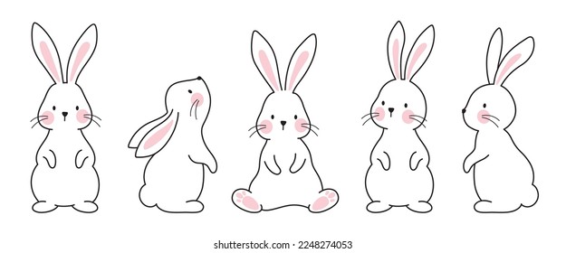 Cute bunny rabbit outline sketch vector illustration. Minimal bunny line art doodle in different poses. - Shutterstock ID 2248274053