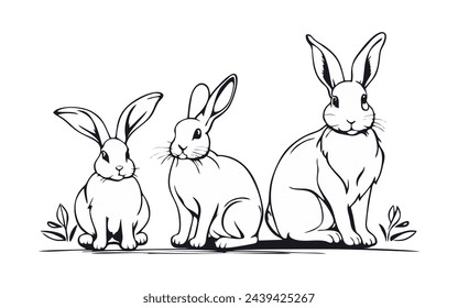 Cute bunny rabbit outline sketch vector illustration. bunny line art doodle in different poses