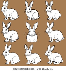 Cute bunny rabbit outline sketch vector illustration. bunny line art doodle in different poses