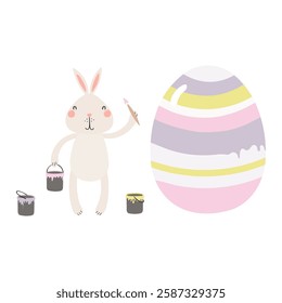 Cute bunny, rabbit painting Easter egg character illustration. Hand drawn flat style design, isolated vector. Holiday clip art, kids print element, seasonal card, banner, poster