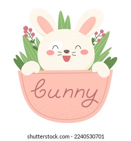 Cute bunny, rabbit in the pocket, herbs and berries.