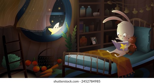 Lindo conejo o conejo leyó un libro antes de dormir con su osito de peluche en la cama. Juguetes de animales en el dormitorio de los niños. Pequeña estrella se asoma a la ventana por la noche. Vector ilustrado mágico para niños libro de cuentos