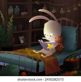 Cute bunny or rabbit read fairy tale book before sleep with his teddy bear in bed. Animal toys characters in kids bedroom interior at night. Vector illustrated magical scene for children story book